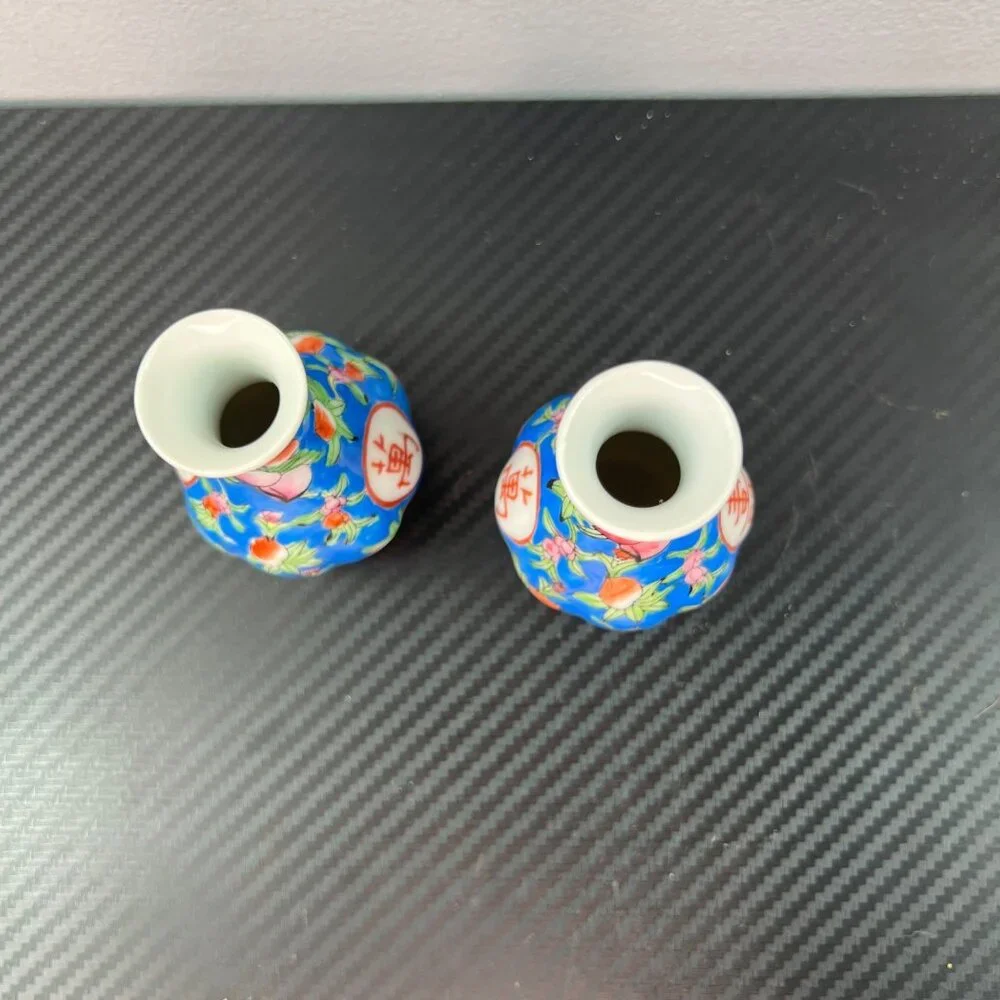 Pair Of Mini Chinese Porcelain Vases Floral Motif & Calligraphy Multicolor 3”